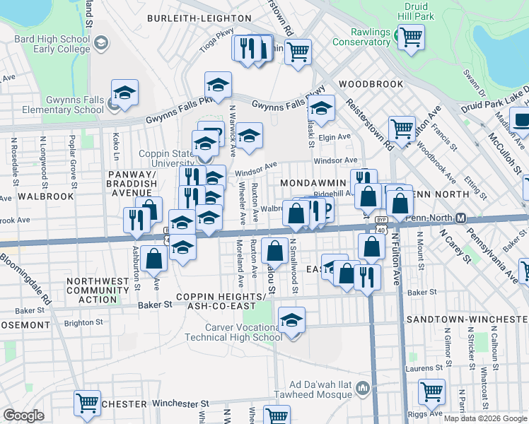 map of restaurants, bars, coffee shops, grocery stores, and more near 1918 North Bentalou Street in Baltimore