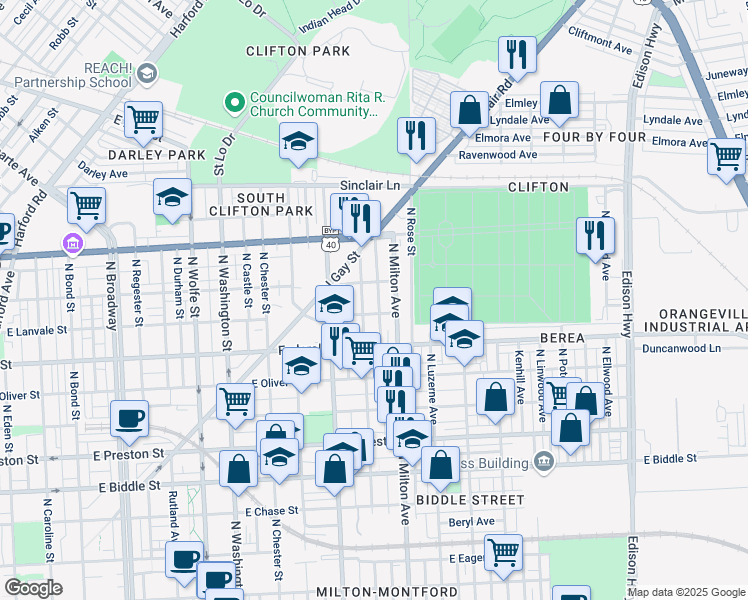 map of restaurants, bars, coffee shops, grocery stores, and more near 1722 North Port Street in Baltimore