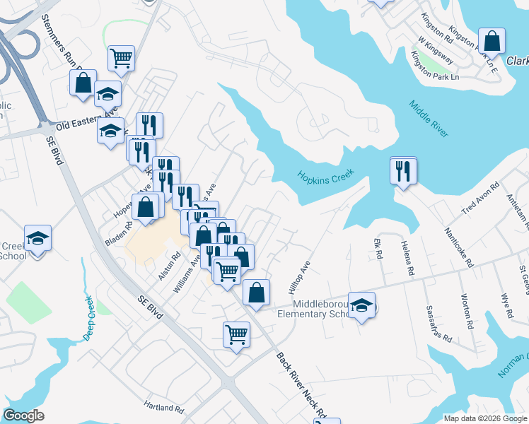 map of restaurants, bars, coffee shops, grocery stores, and more near 200 Cove Road in Essex