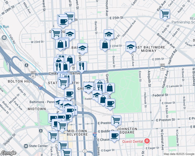 map of restaurants, bars, coffee shops, grocery stores, and more near 1806 Barclay Street in Baltimore