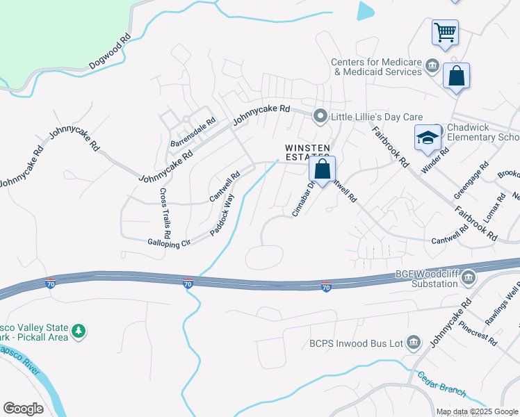 map of restaurants, bars, coffee shops, grocery stores, and more near 2025 Wisper Woods Way in Woodlawn