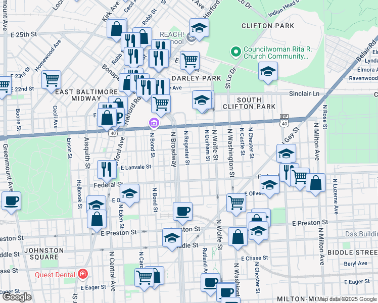 map of restaurants, bars, coffee shops, grocery stores, and more near 1715 East Lafayette Avenue in Baltimore
