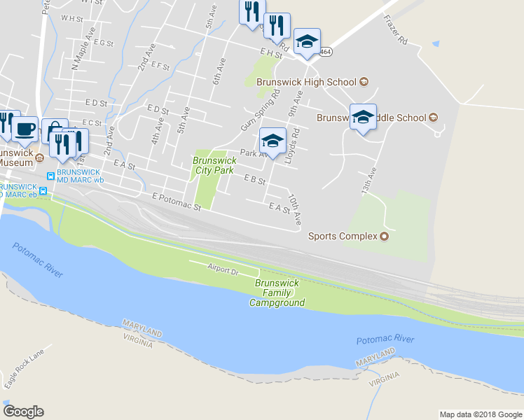 map of restaurants, bars, coffee shops, grocery stores, and more near 834 East A Street in Brunswick