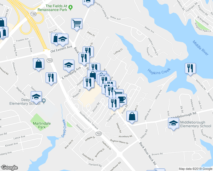 map of restaurants, bars, coffee shops, grocery stores, and more near 1632 Frenchs Avenue in Essex