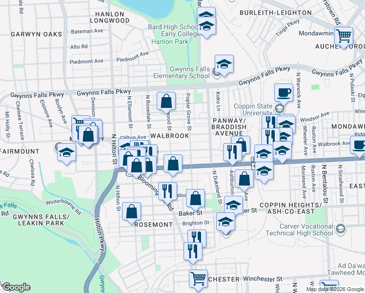 map of restaurants, bars, coffee shops, grocery stores, and more near 2910 Walbrook Avenue in Baltimore