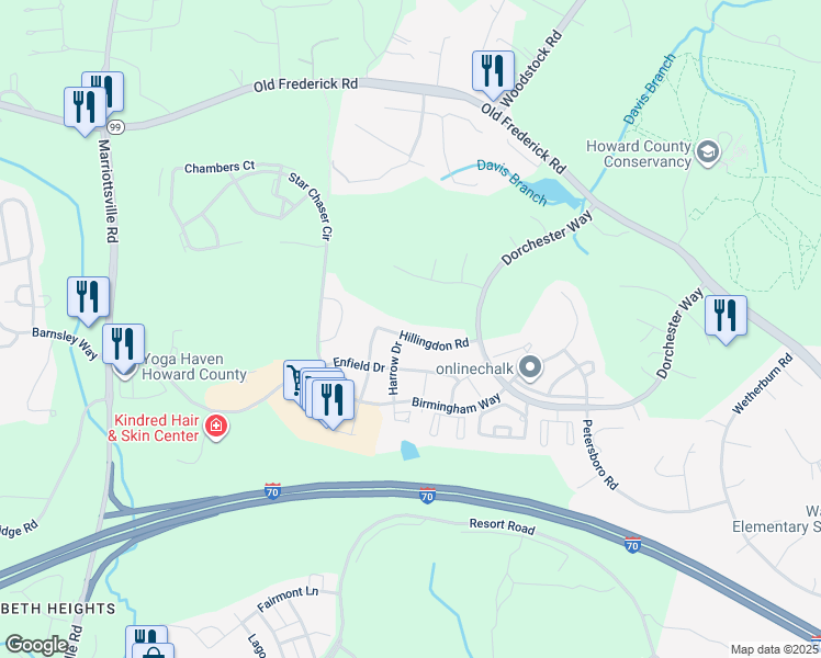 map of restaurants, bars, coffee shops, grocery stores, and more near 10664 Hillingdon Road in Woodstock