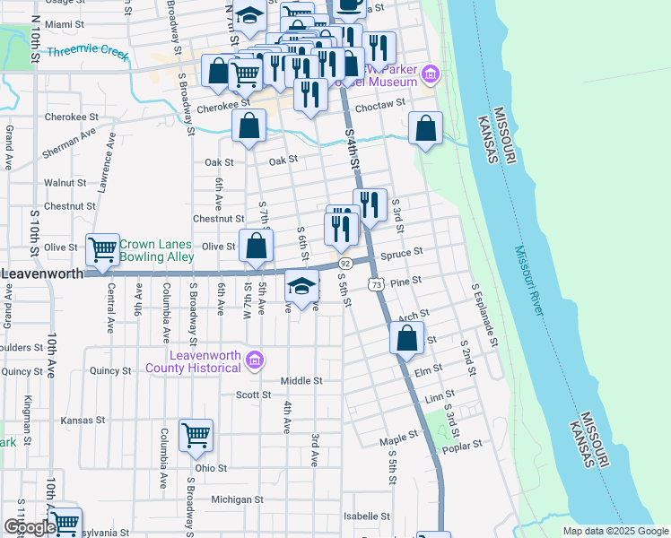 map of restaurants, bars, coffee shops, grocery stores, and more near 906 South 5th Street in Leavenworth