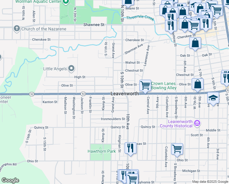 map of restaurants, bars, coffee shops, grocery stores, and more near 1024 Spruce Street in Leavenworth