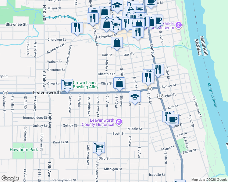map of restaurants, bars, coffee shops, grocery stores, and more near 720 Spruce Street in Leavenworth