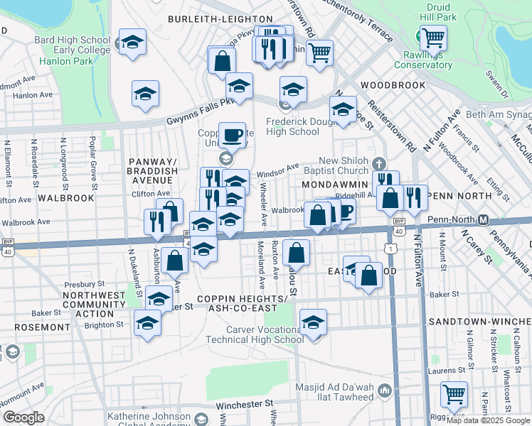 map of restaurants, bars, coffee shops, grocery stores, and more near 1515 Wheeler Avenue in Baltimore