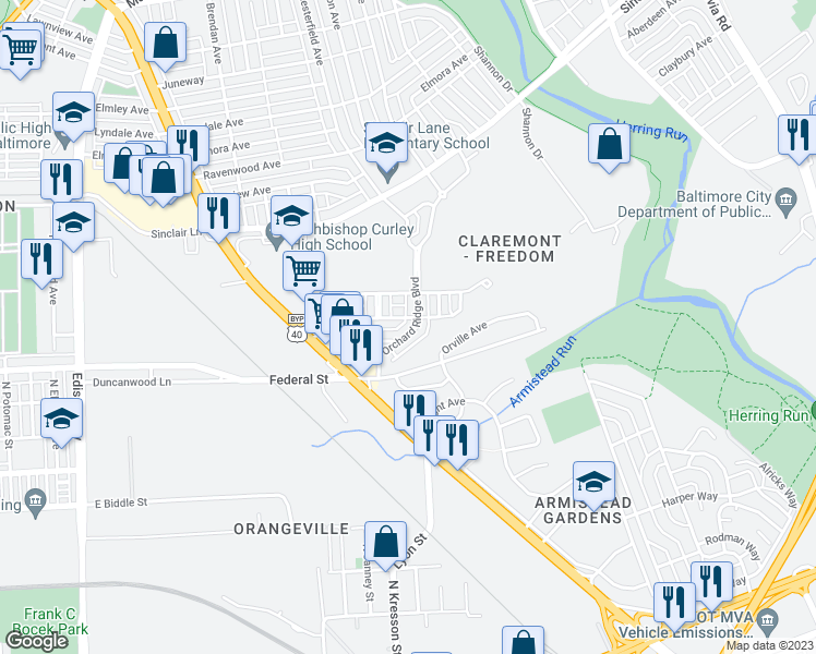 map of restaurants, bars, coffee shops, grocery stores, and more near 4130 Orchard Ridge Boulevard in Baltimore