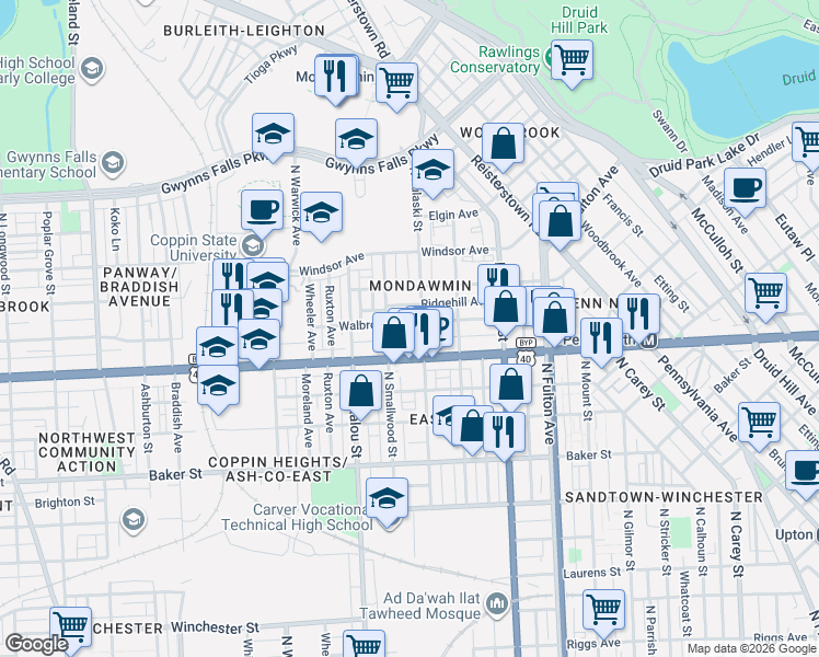 map of restaurants, bars, coffee shops, grocery stores, and more near 2115 Walbrook Avenue in Baltimore