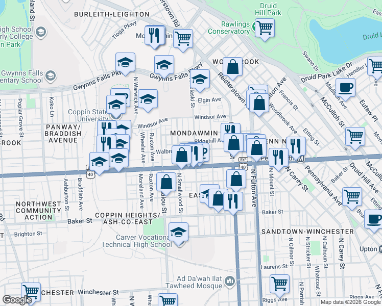 map of restaurants, bars, coffee shops, grocery stores, and more near 2109 Walbrook Avenue in Baltimore