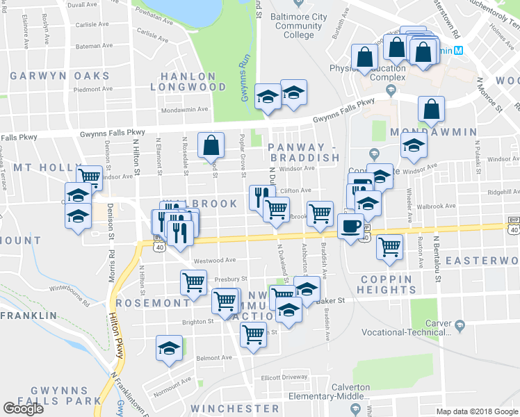 map of restaurants, bars, coffee shops, grocery stores, and more near 2812 Walbrook Avenue in Baltimore