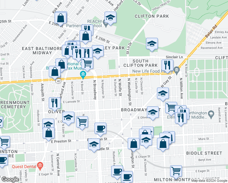map of restaurants, bars, coffee shops, grocery stores, and more near 1813 East Lafayette Avenue in Baltimore