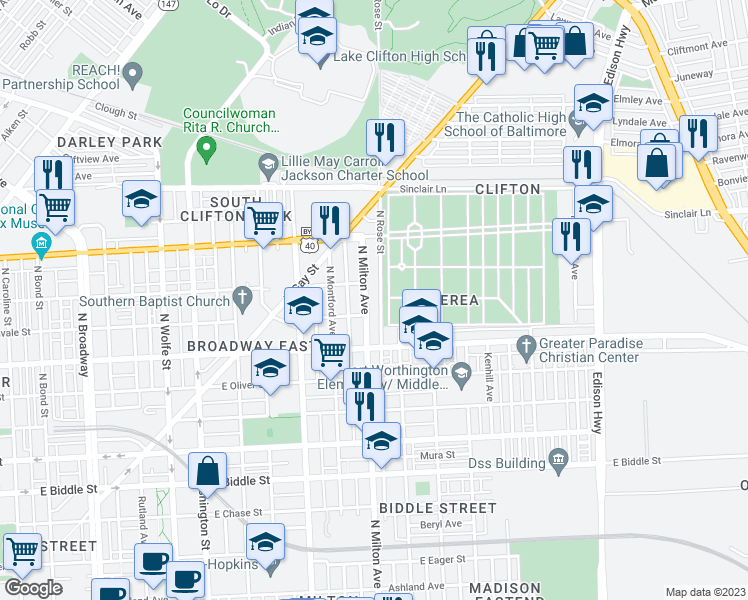 map of restaurants, bars, coffee shops, grocery stores, and more near 1725 North Milton Avenue in Baltimore