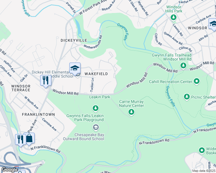 map of restaurants, bars, coffee shops, grocery stores, and more near 2121 Windsor Gardens Lane in Baltimore