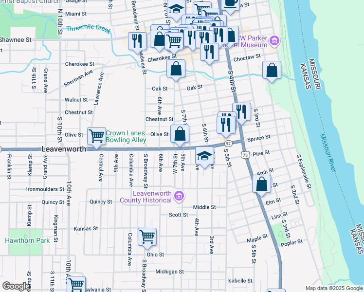 map of restaurants, bars, coffee shops, grocery stores, and more near 700 Spruce Street in Leavenworth