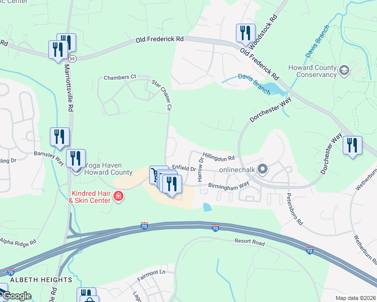 map of restaurants, bars, coffee shops, grocery stores, and more near 10702 Hillingdon Road in Woodstock