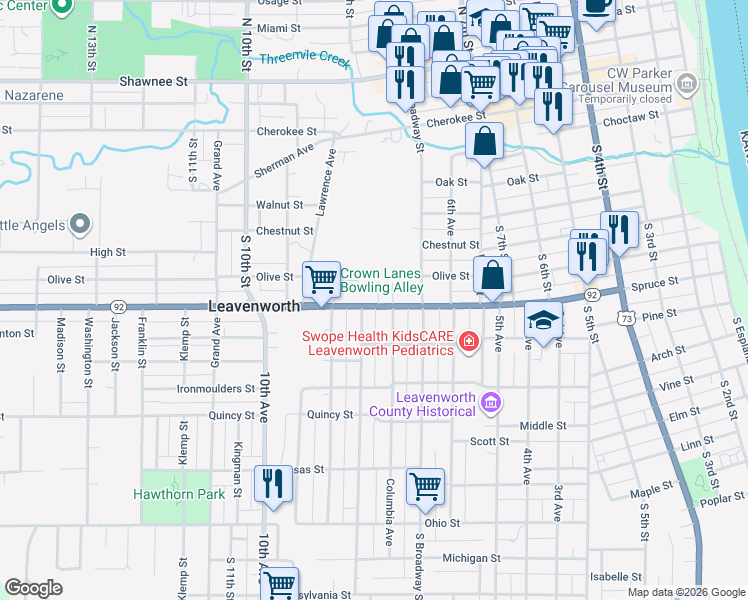 map of restaurants, bars, coffee shops, grocery stores, and more near in Leavenworth