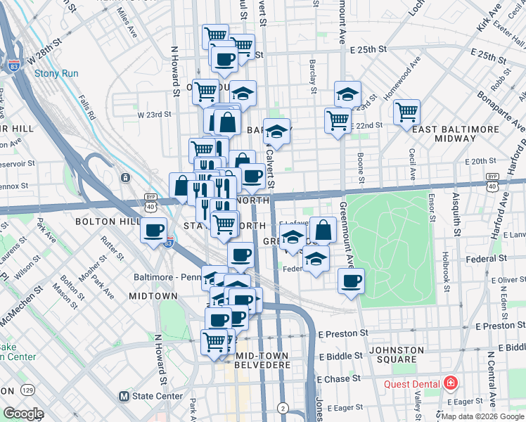 map of restaurants, bars, coffee shops, grocery stores, and more near 124 East Trenton Street in Baltimore