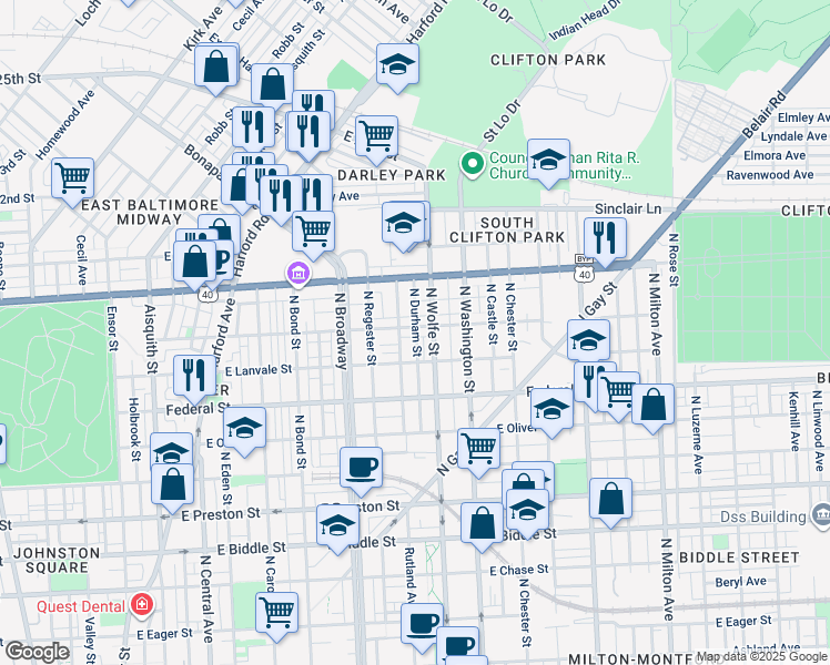 map of restaurants, bars, coffee shops, grocery stores, and more near 1819 East Lafayette Avenue in Baltimore