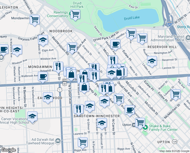 map of restaurants, bars, coffee shops, grocery stores, and more near 1520 West North Avenue in Baltimore