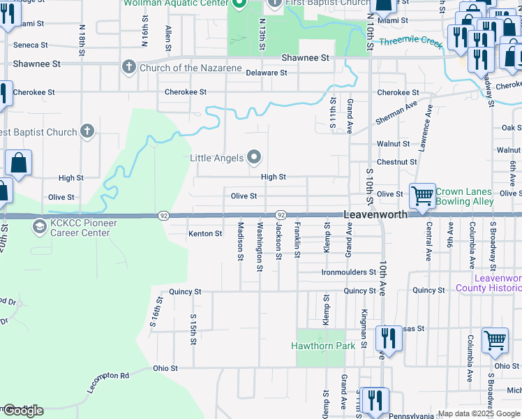 map of restaurants, bars, coffee shops, grocery stores, and more near 1302 Spruce Street in Leavenworth