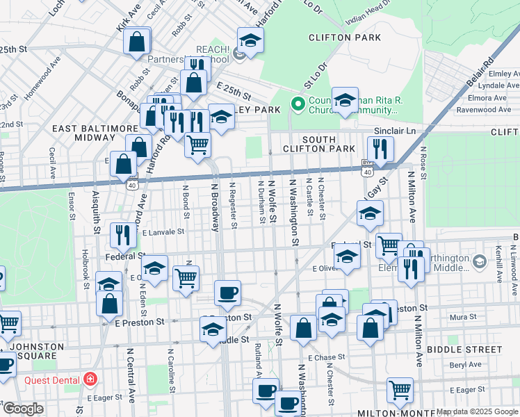 map of restaurants, bars, coffee shops, grocery stores, and more near 1819 East Lafayette Avenue in Baltimore