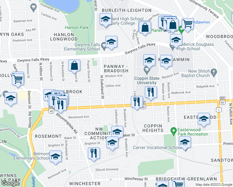 map of restaurants, bars, coffee shops, grocery stores, and more near 2005 Ashburton Street in Baltimore