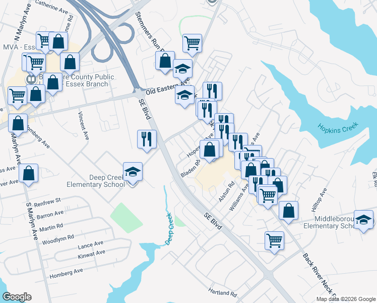 map of restaurants, bars, coffee shops, grocery stores, and more near 40 Bladen Road in Essex