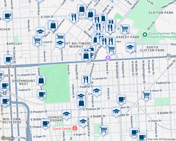 map of restaurants, bars, coffee shops, grocery stores, and more near 1312 East Lafayette Avenue in Baltimore
