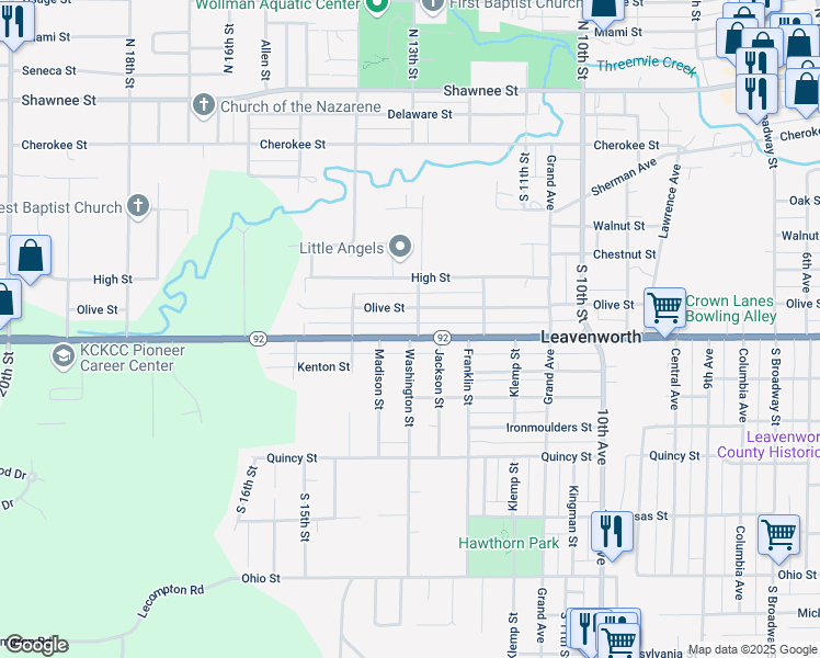 map of restaurants, bars, coffee shops, grocery stores, and more near 1302 Spruce Street in Leavenworth