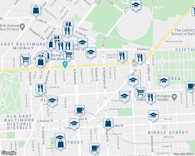 map of restaurants, bars, coffee shops, grocery stores, and more near 1901 East Lafayette Avenue in Baltimore