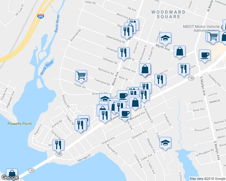 map of restaurants, bars, coffee shops, grocery stores, and more near 205 Mace Avenue in Essex