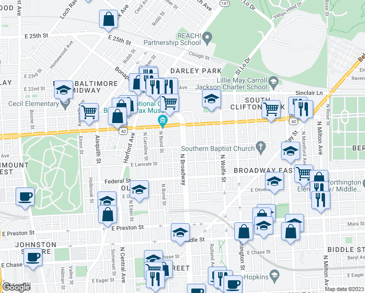map of restaurants, bars, coffee shops, grocery stores, and more near North Broadway & East Lafayette Avenue in Baltimore