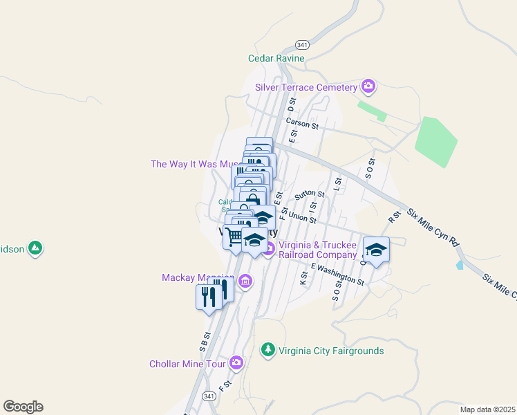 map of restaurants, bars, coffee shops, grocery stores, and more near 5 N C Street in Virginia City
