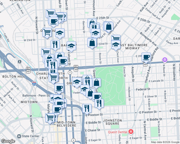 map of restaurants, bars, coffee shops, grocery stores, and more near 413 McAllister Street in Baltimore