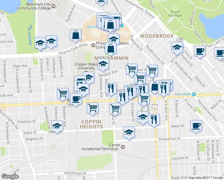 map of restaurants, bars, coffee shops, grocery stores, and more near N Bentalou St & Clifton Ave in Baltimore