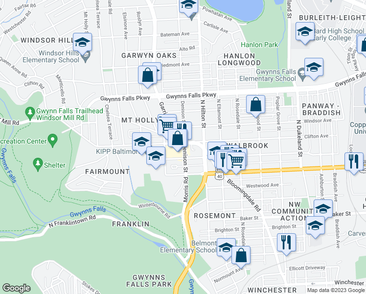 map of restaurants, bars, coffee shops, grocery stores, and more near 2018 Denison Street in Baltimore