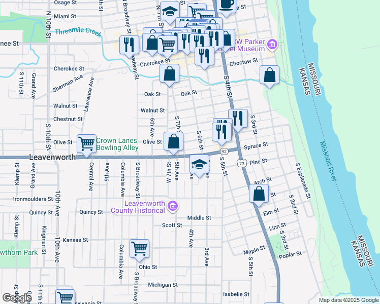 map of restaurants, bars, coffee shops, grocery stores, and more near 624 Spruce Street in Leavenworth