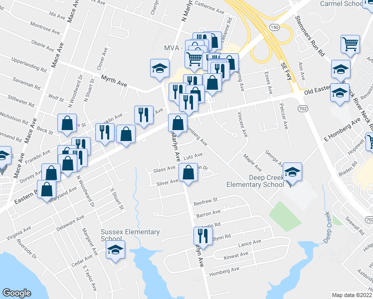 map of restaurants, bars, coffee shops, grocery stores, and more near 904 Lutz Ave in Essex