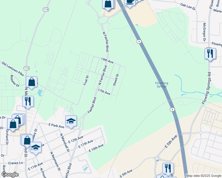 map of restaurants, bars, coffee shops, grocery stores, and more near 1219 Steed Street in Ranson