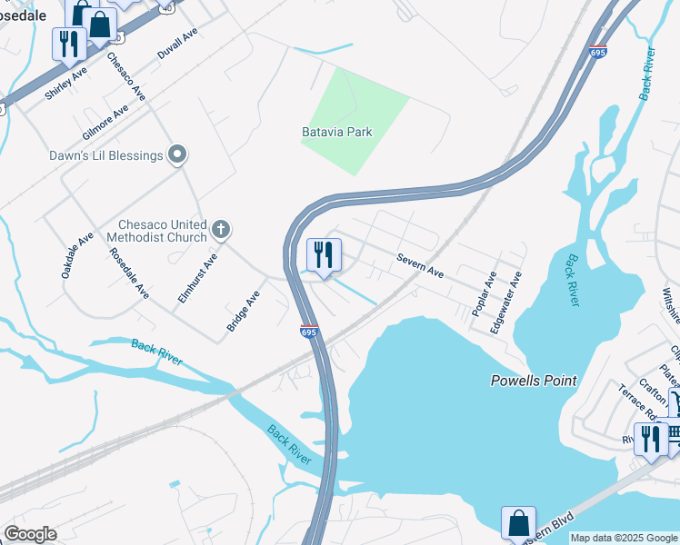map of restaurants, bars, coffee shops, grocery stores, and more near 607 Patapsco Avenue in Rosedale