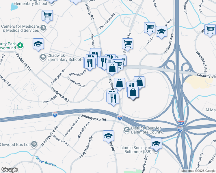 map of restaurants, bars, coffee shops, grocery stores, and more near 7110 Rolling Bend Road in Woodlawn