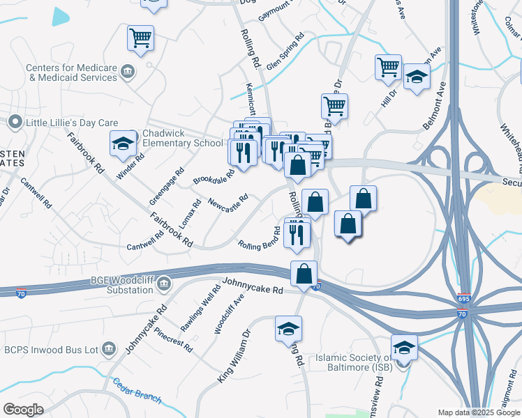 map of restaurants, bars, coffee shops, grocery stores, and more near 7125 Fairbrook Road in Woodlawn