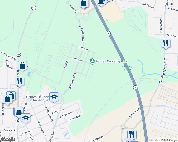 map of restaurants, bars, coffee shops, grocery stores, and more near 1228 Steed Street in Ranson