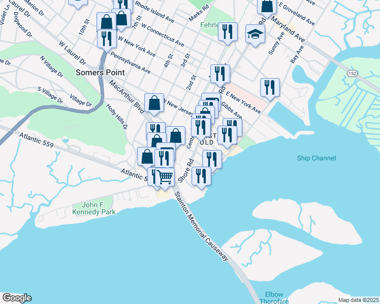 map of restaurants, bars, coffee shops, grocery stores, and more near 907 Shore Road in Somers Point