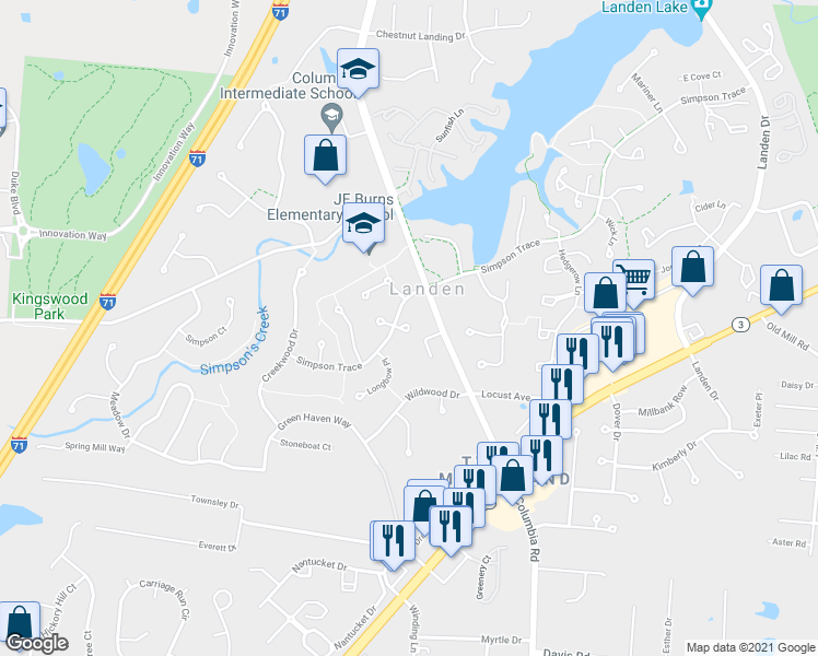 map of restaurants, bars, coffee shops, grocery stores, and more near 3407 Meadow Court in Maineville