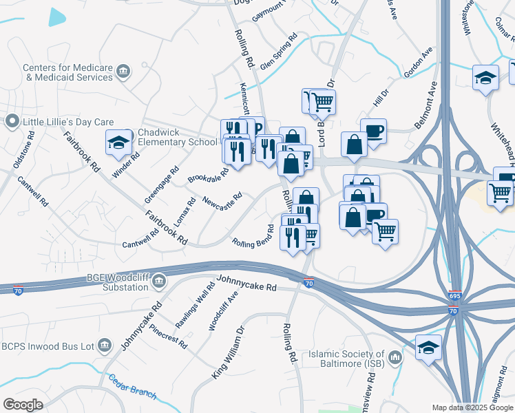 map of restaurants, bars, coffee shops, grocery stores, and more near 7125 Fairbrook Road in Woodlawn